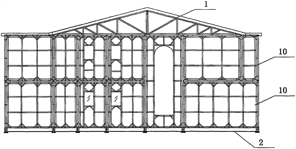 Housing assembled by light steel space framework structure composite plate module and construction method thereof