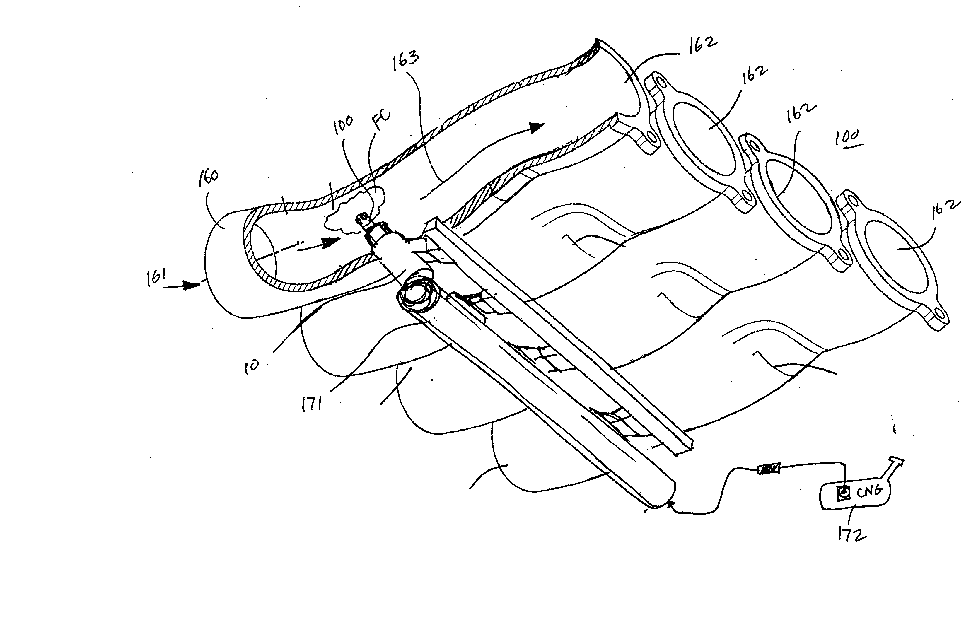 Fuel injection system with cross-flow nozzle for enhanced compressed natural gas jet spray