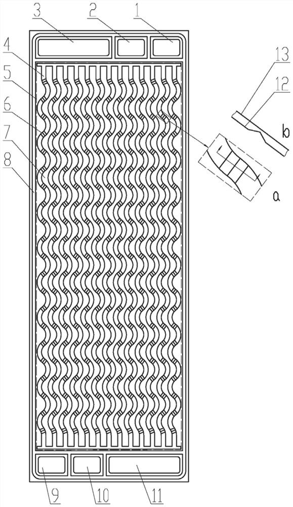 A fuel cell metal bipolar plate flow field flow channel structure