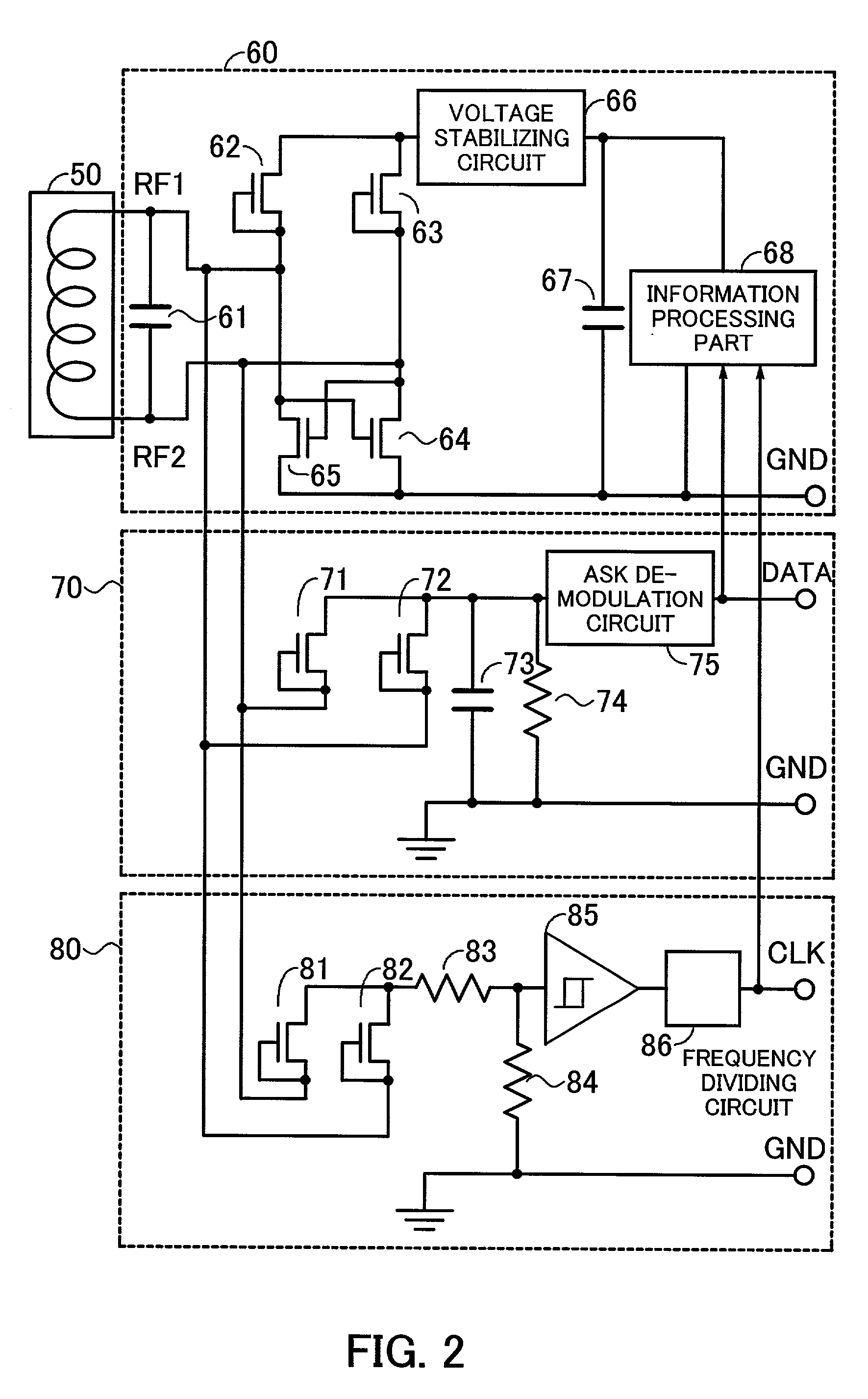 Contactless apparatus and card-type device having clock rectifier that is independent of power rectifier and demodulator with RC time constant based on selectable resistor