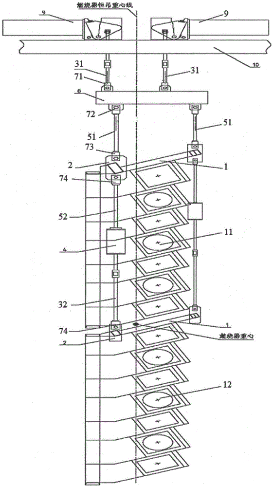 Device for balanced suspension of dip angle burners with double constant-force spring hangers