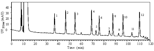 Separation analysis method of derivatized heparin sulfate disaccharides containing free amino groups