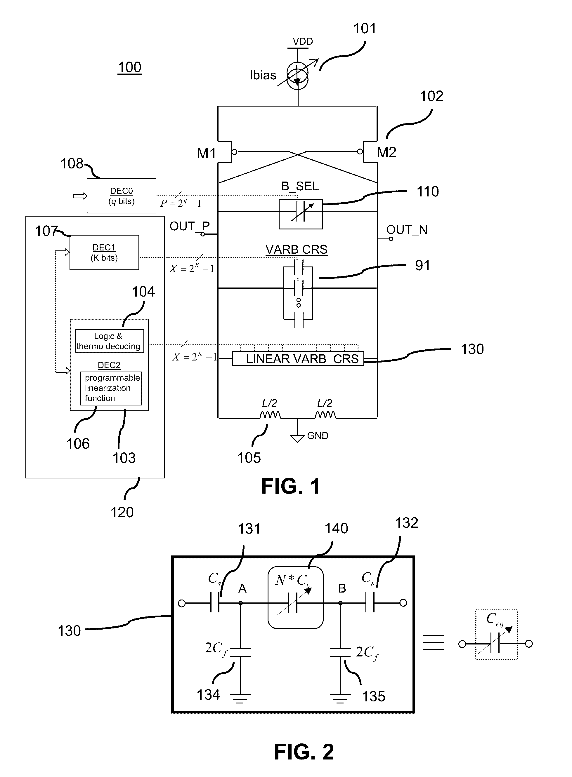 Electronic device with capacitor bank linearization and a linearization method
