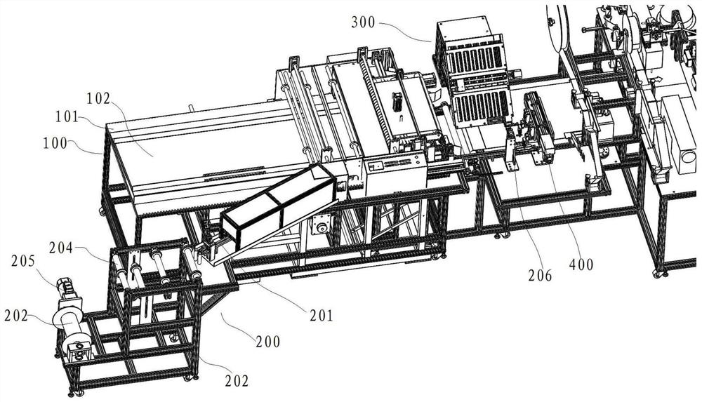 A magnetic strip and magnetic block combination feeding device used in a magnetic soft screen door production line