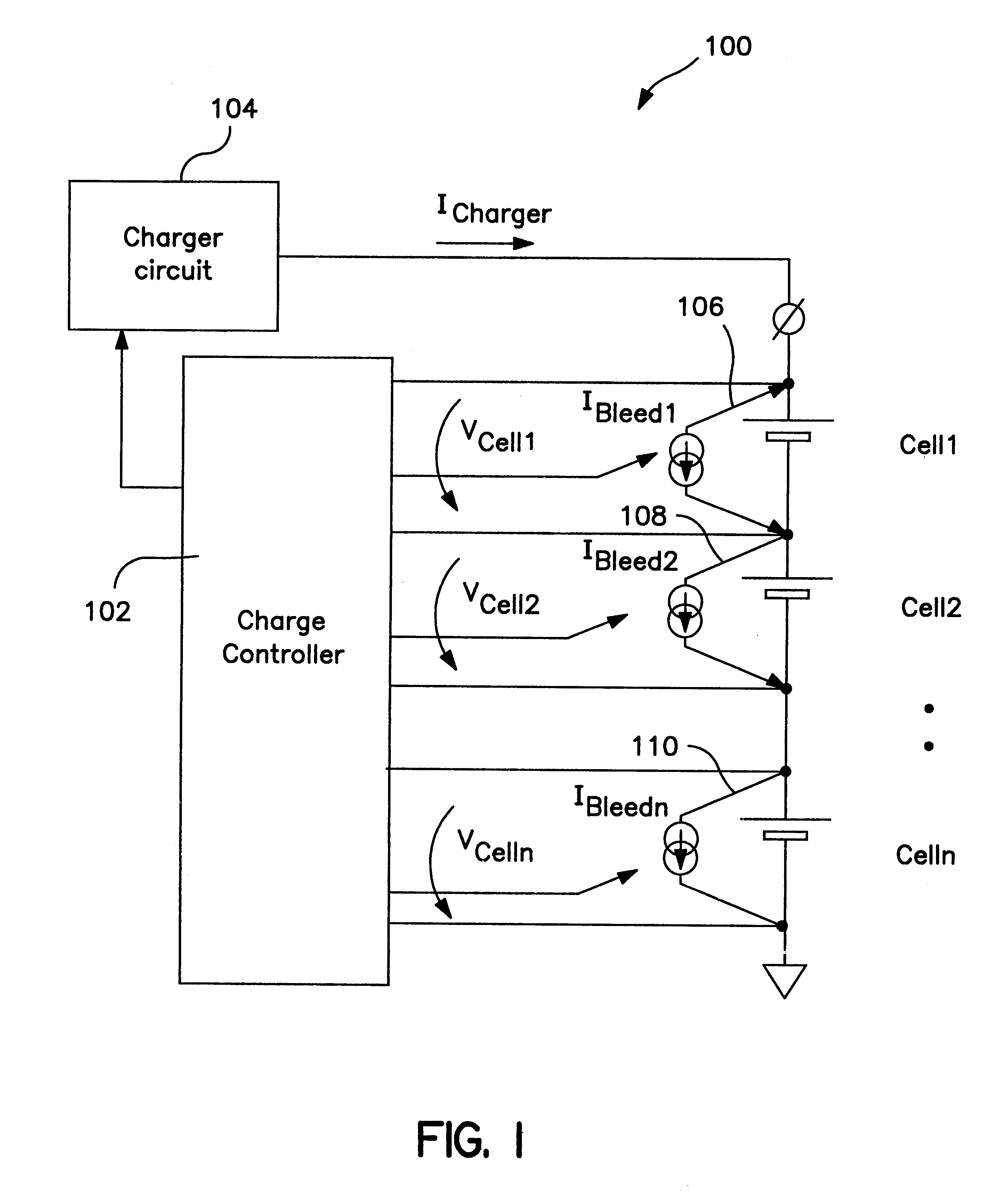 Battery cell charging system having voltage threshold and bleeder current generating circuits