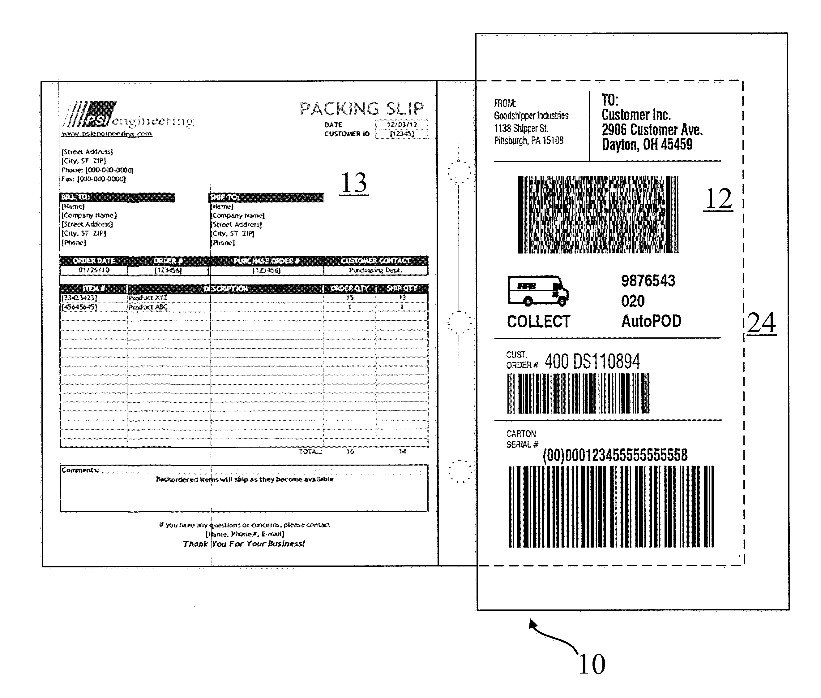 Shipping document and method and apparatus for applying a shipping document to a surface