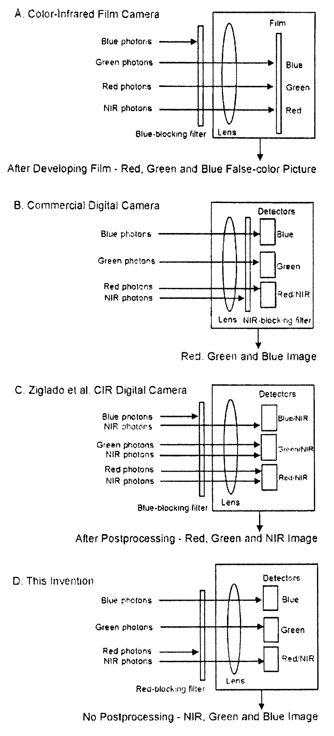 Device and method for acquiring digital color-infrared photographs for monitoring vegetation