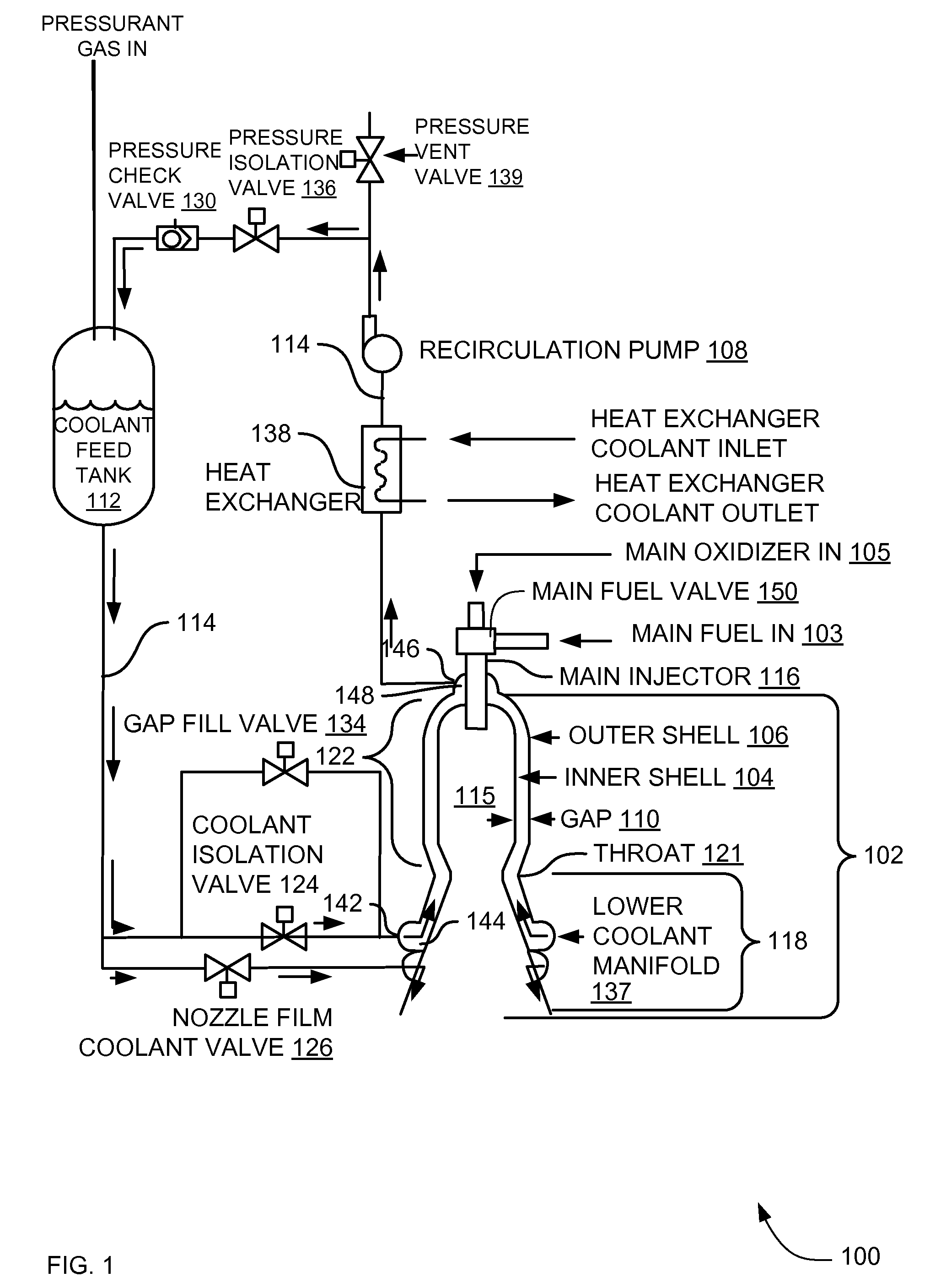 Simplified thrust chamber recirculating cooling system
