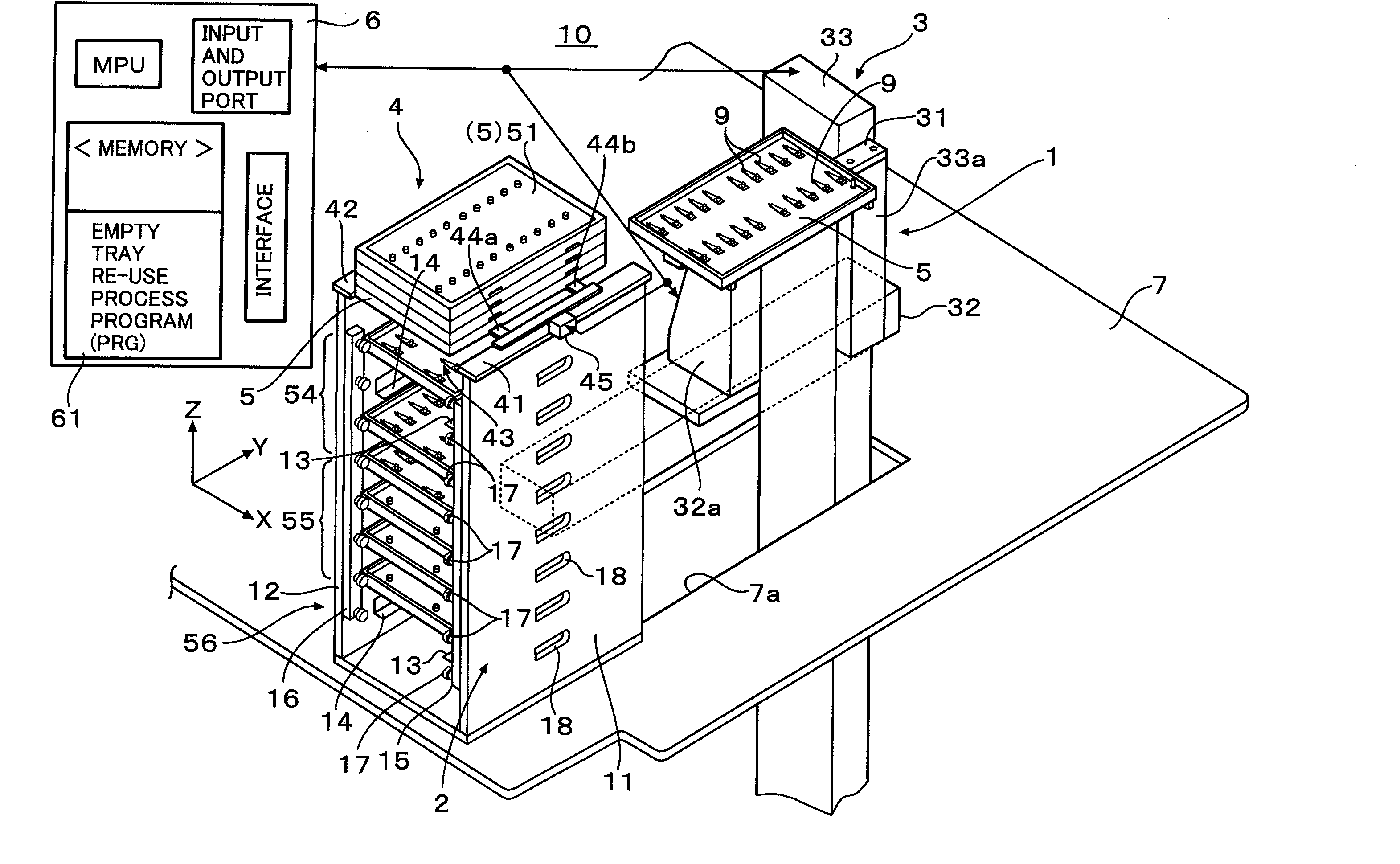 Handling mechanism of trays with which electronic parts are fed and inspection device of the electronic parts using the mechanism