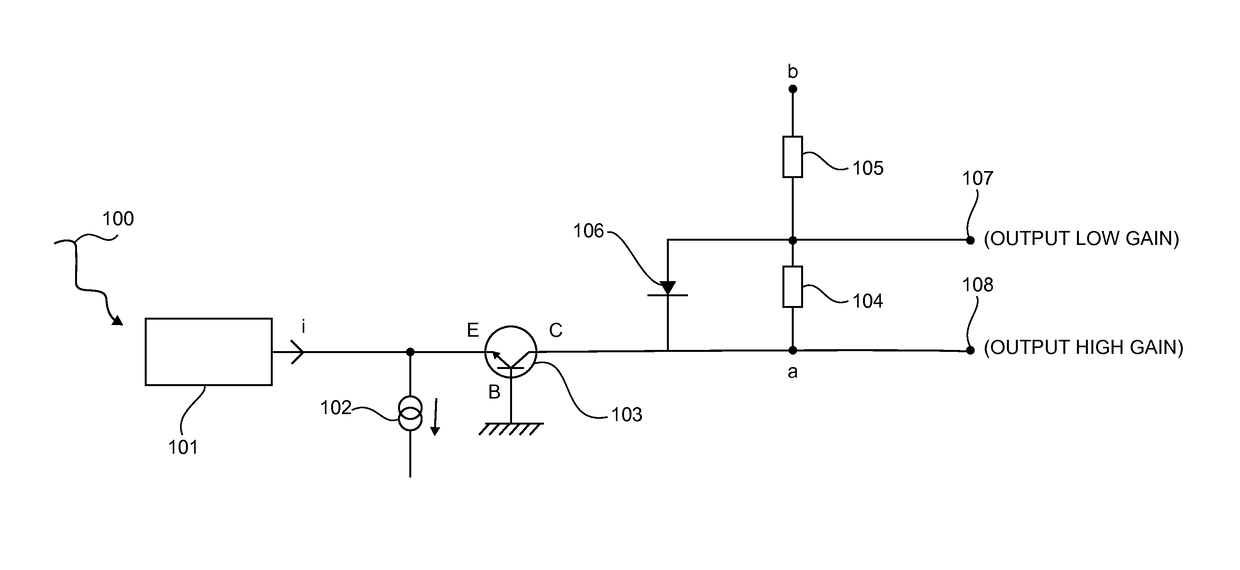 Electronic circuit comprising a current conveyor arranged with an anti-saturation device and corresponding device for detecting photons