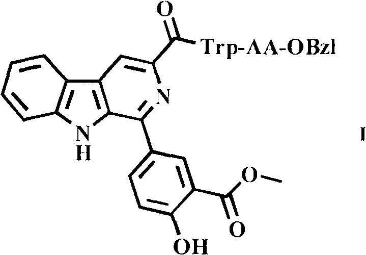 1-(4-hydroxy-3-methoxycarbonyl)-beta-carboline-3-formyl tryptophyl amino acid benzyl ester, and synthesis and application thereof