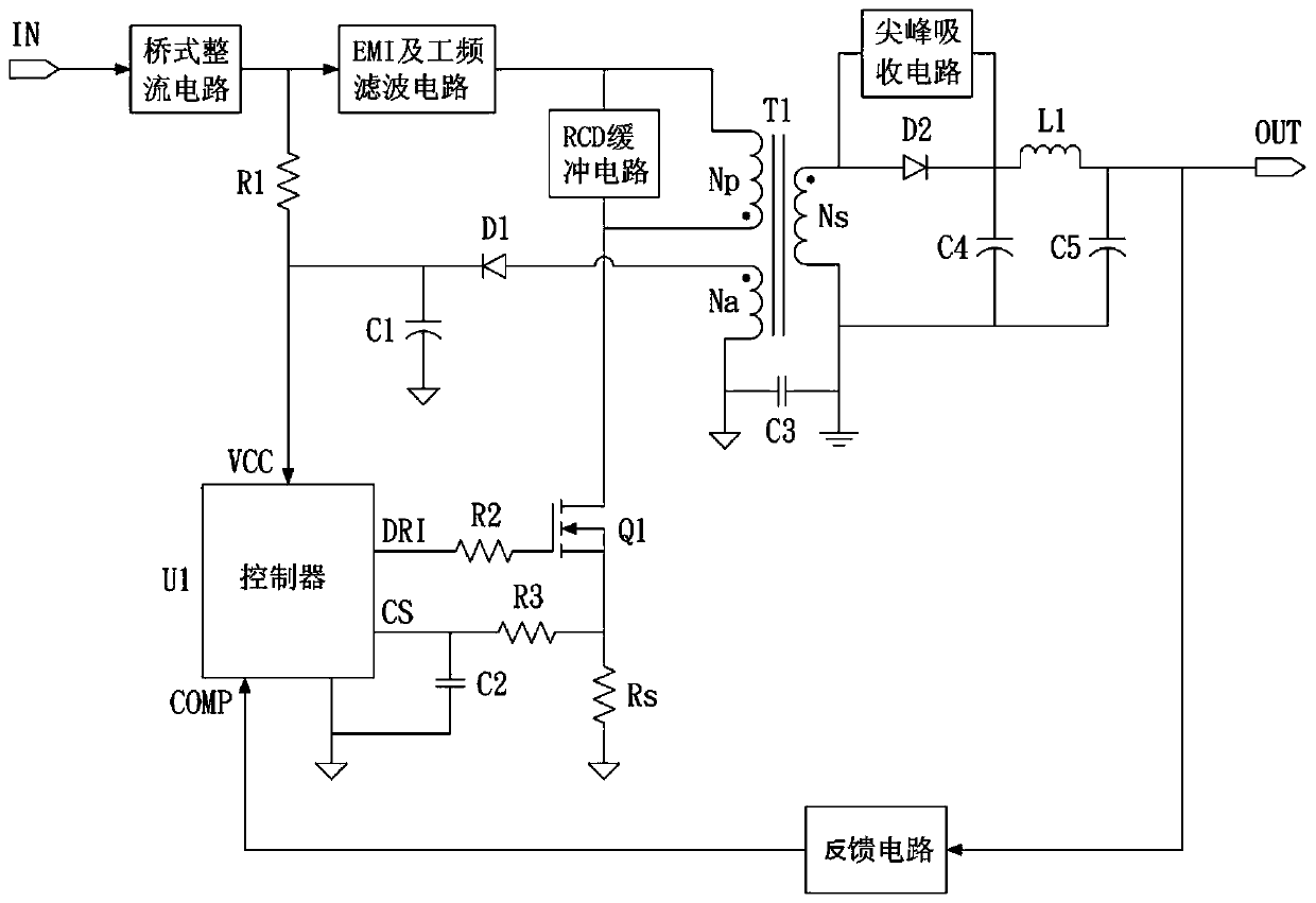 Flyback switching power supply with a power limiting power supply protection function