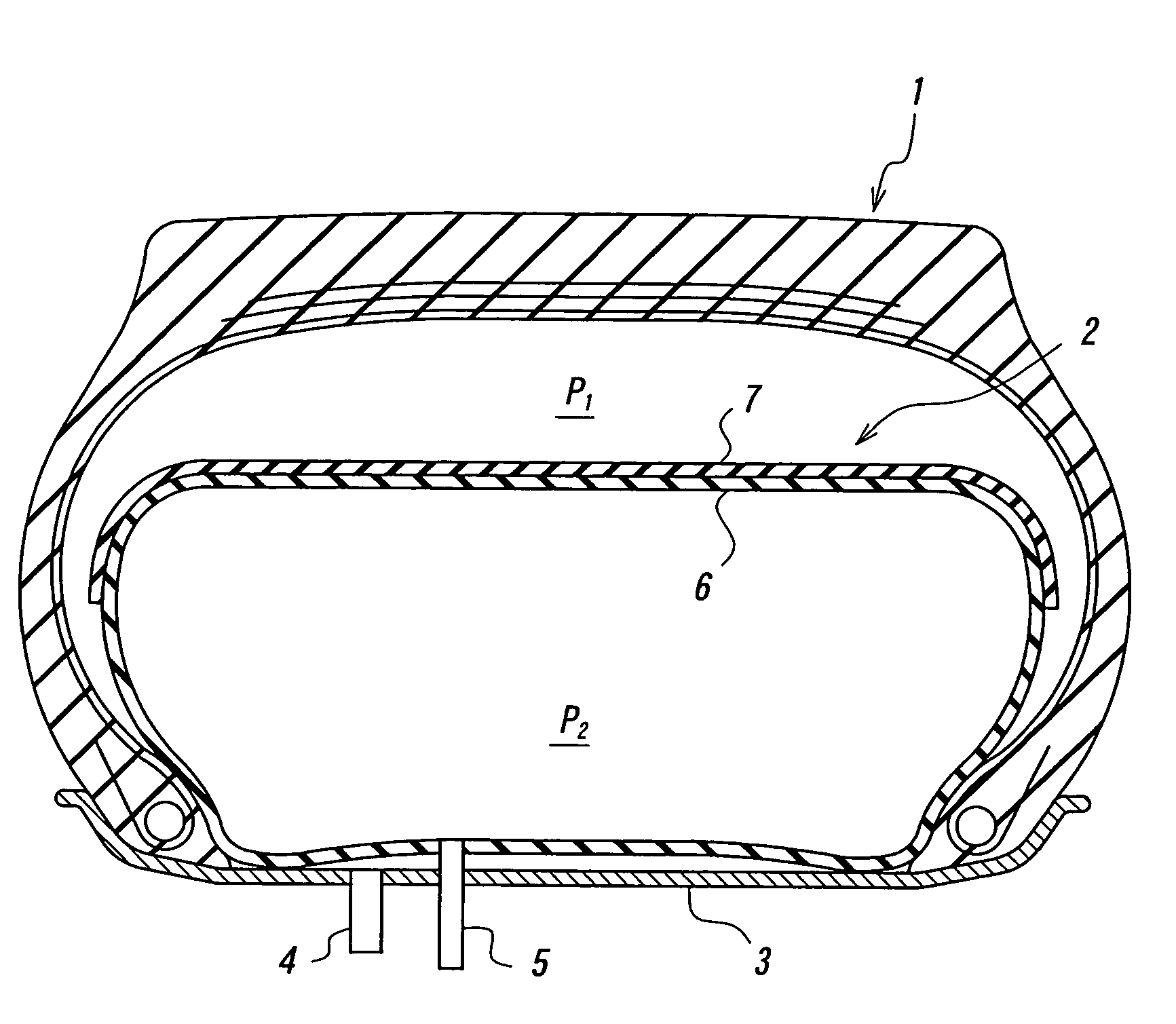 Toric reinforced air bag for safety tire and method of producing the same as well as method of producing shaped body for reinforcing layer