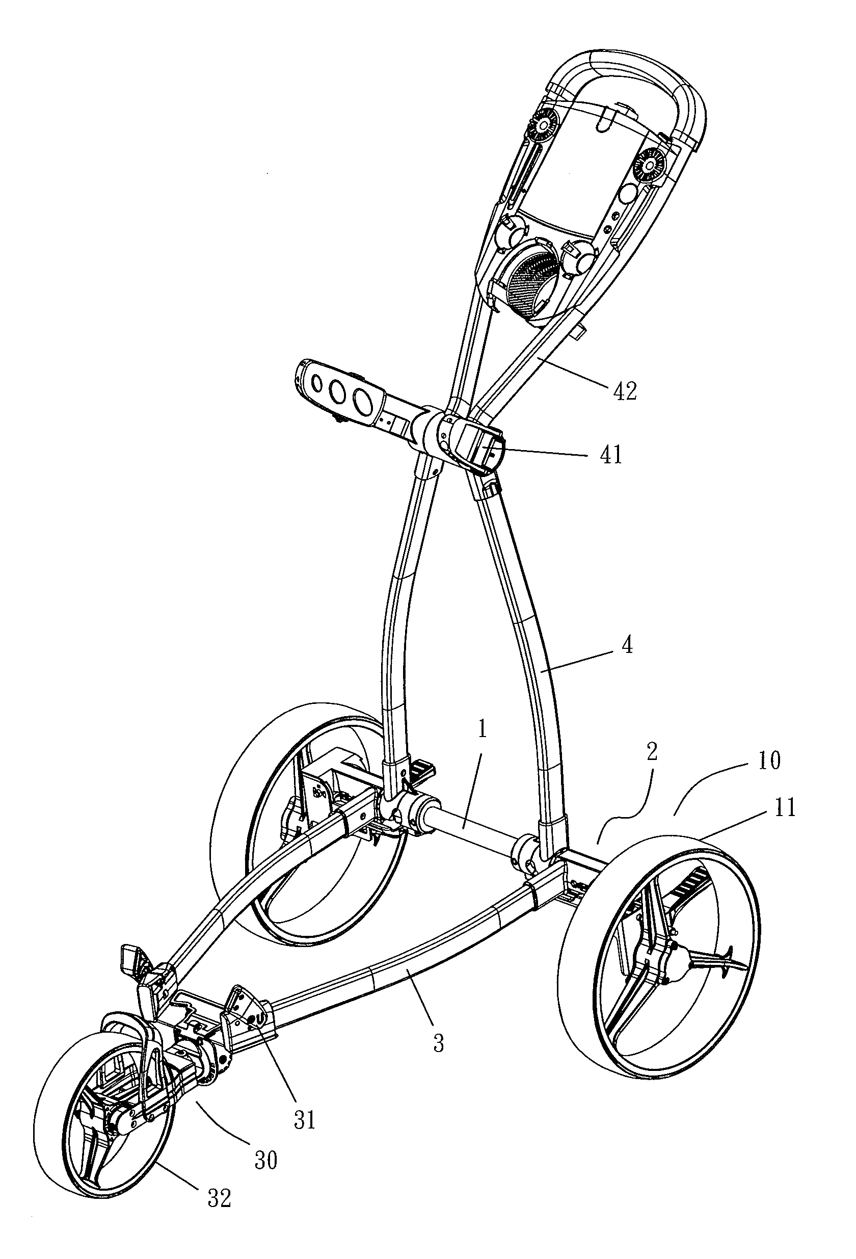 Three-fold three-wheel golf bag cart folding device