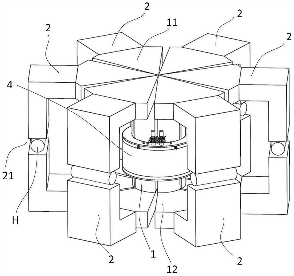 Superconducting induction heating device for simultaneous heating of multiple workpieces based on split iron core