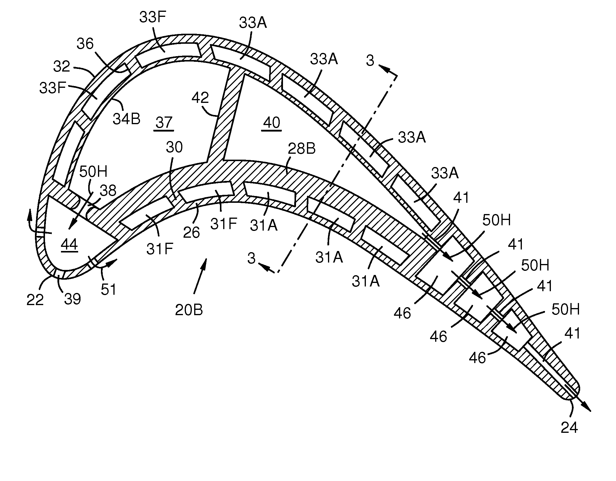 Four-wall turbine airfoil with thermal strain control for reduced cycle fatigue