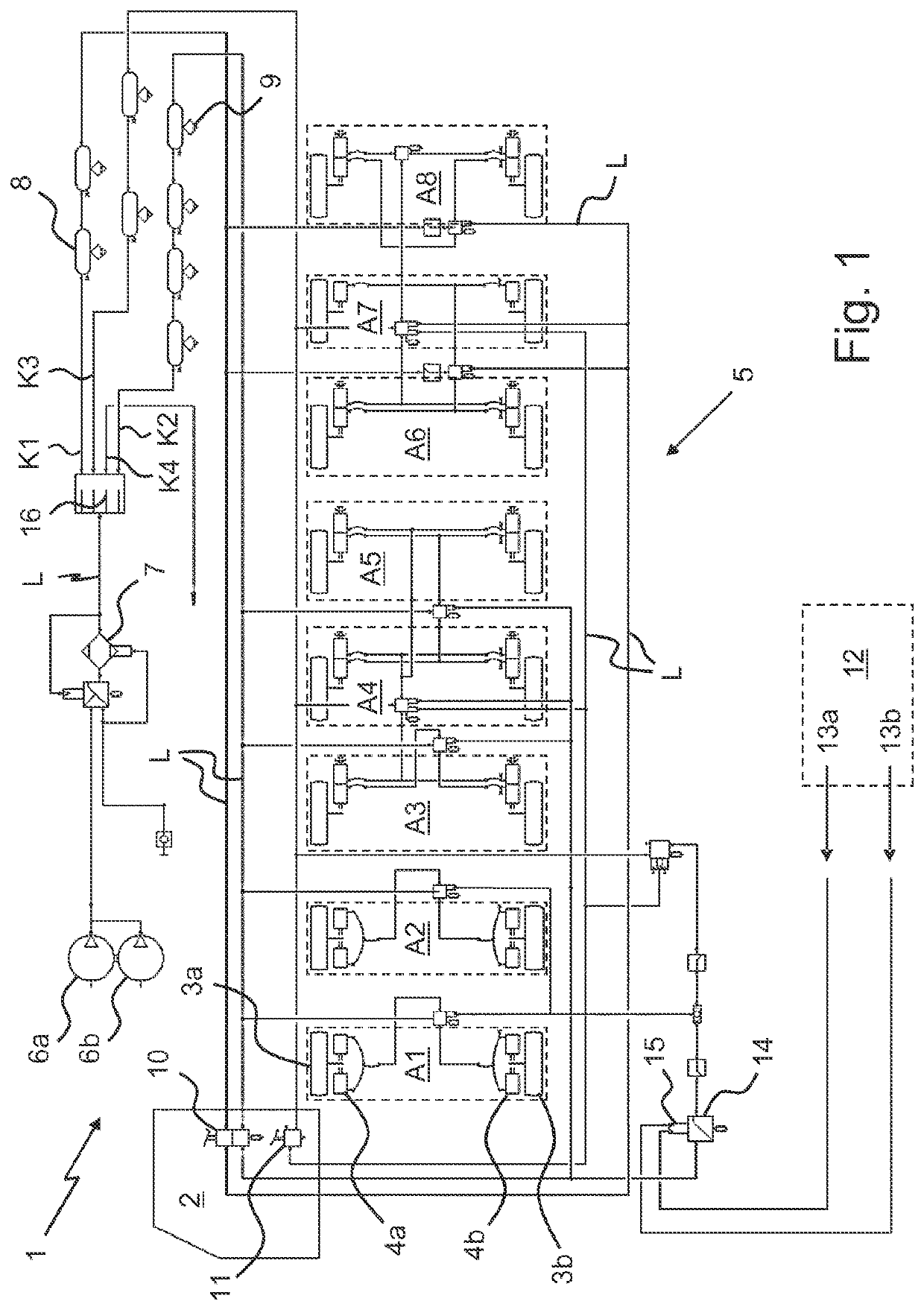 Vehicle crane having hydropneumatic suspension and a braking system comprising at least two braking circuits
