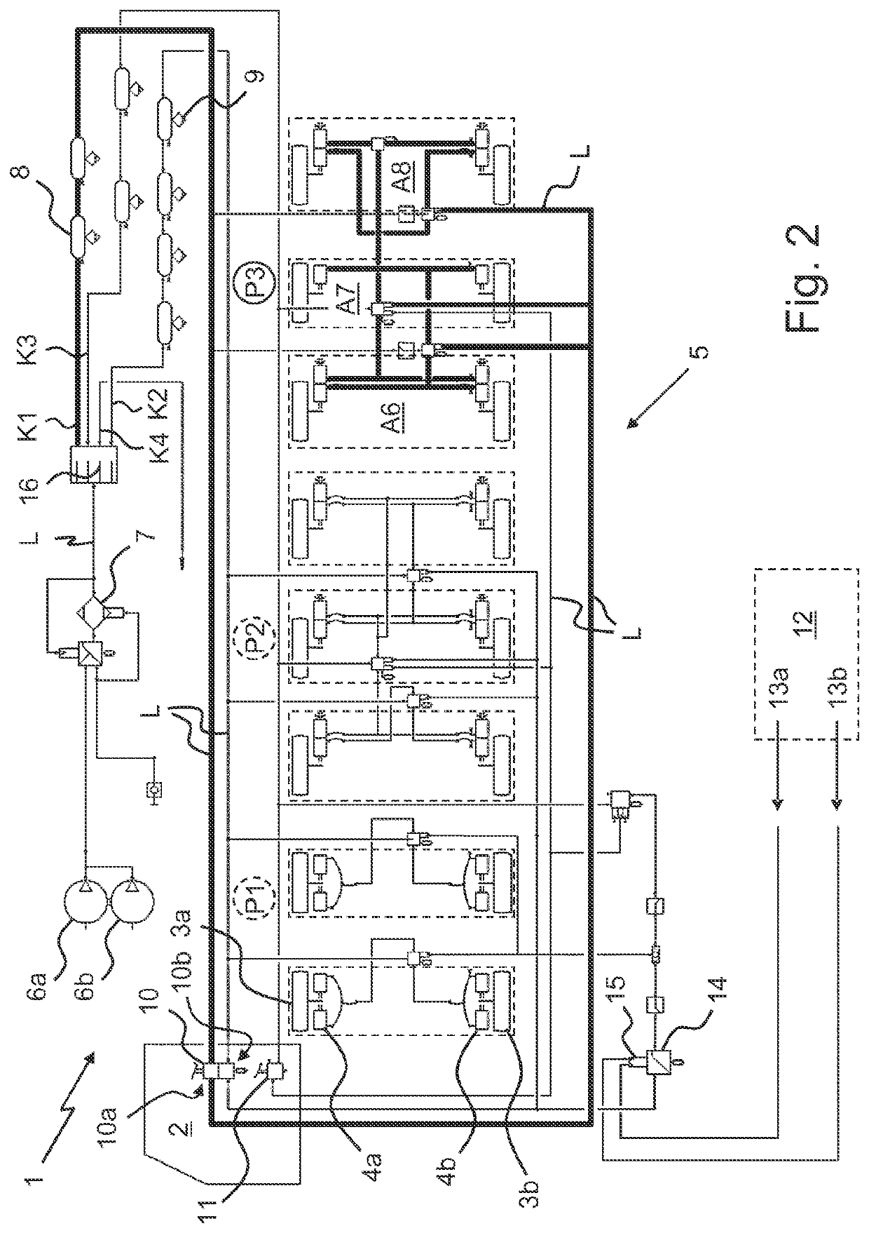 Vehicle crane having hydropneumatic suspension and a braking system comprising at least two braking circuits