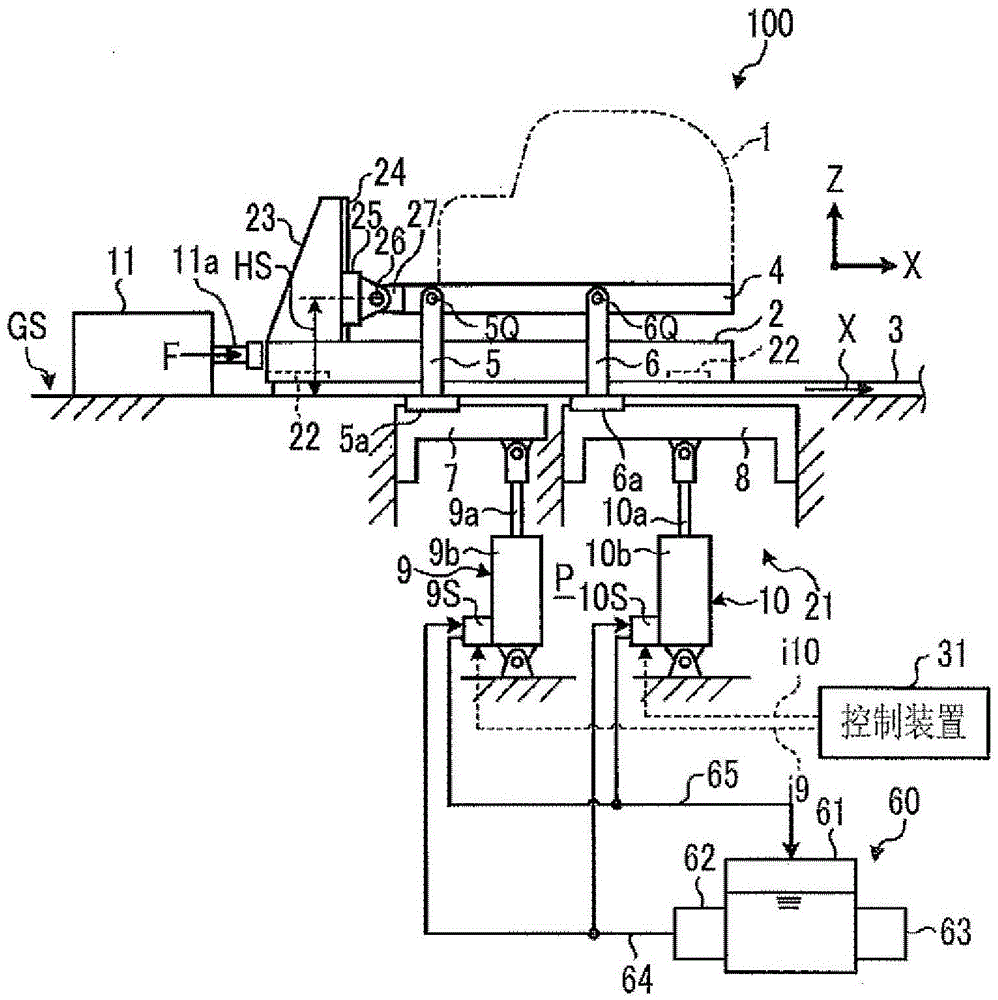 Vehicle crash simulation test device and control method for vehicle crash simulation test