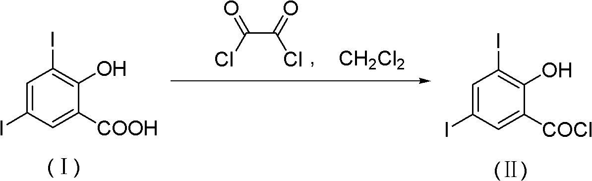 Method for chemically synthesizing 3,5-diio-2-hydroxybenzene formyl chloride