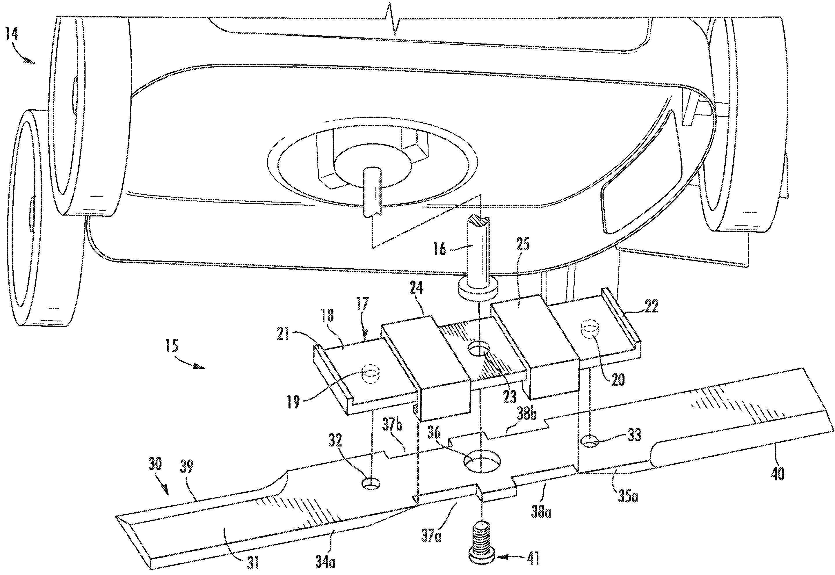 Lawn mower blade assembly having blade mount for quick blade replacement and associated methods