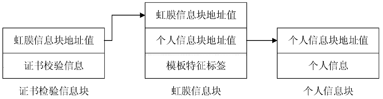 Identity authentication method based on iris and private key certificate chain connection storage structure