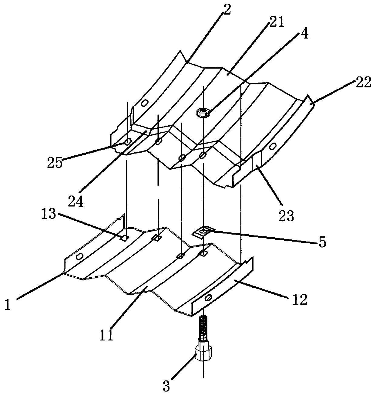 Connecting structure for internal assembling of corrugated plates and connecting method of connecting structure