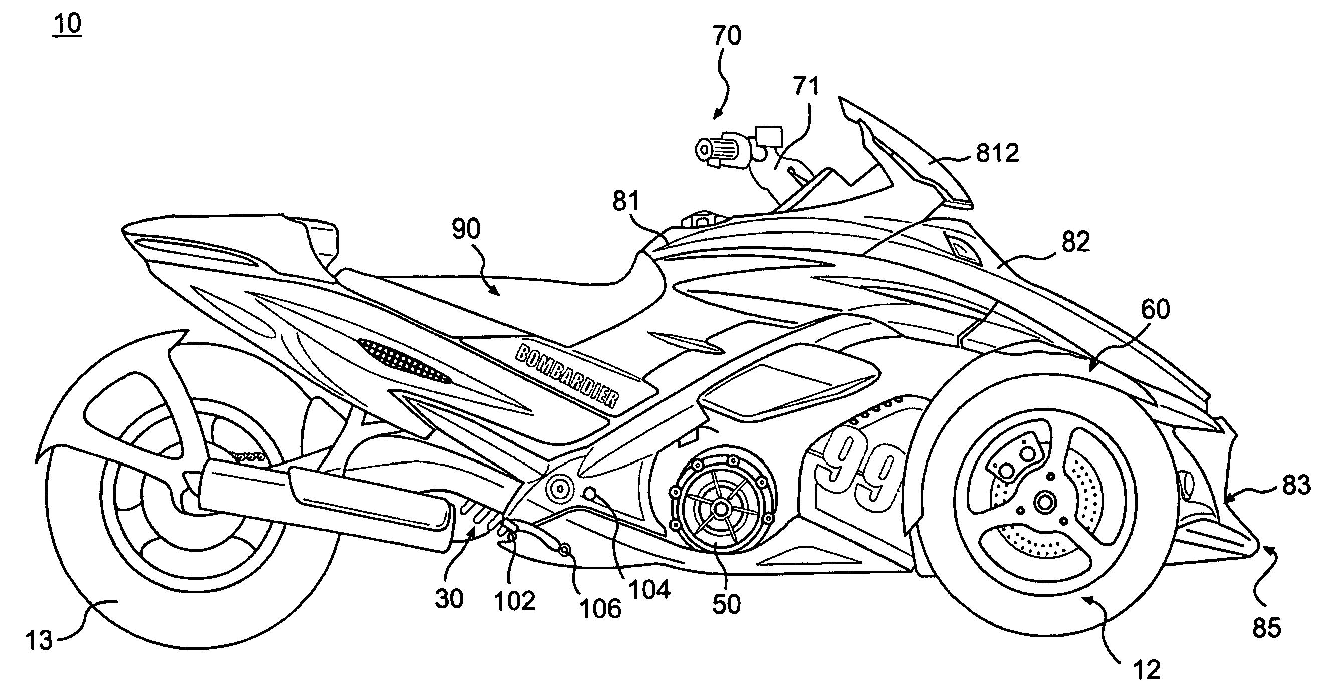 Three-wheeled vehicle having a split radiator and an interior storage compartment