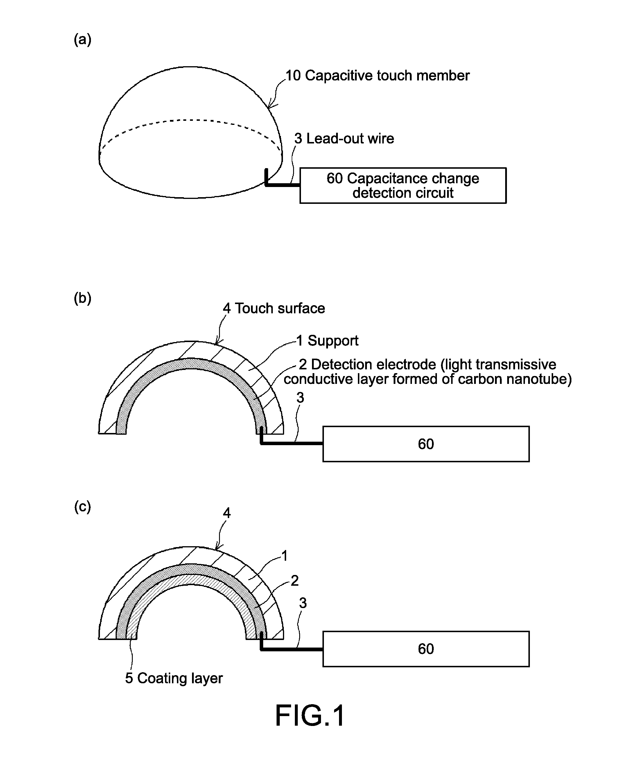 Capacitive touch member, manufacturing method therefor, and capacitive touch detection apparatus