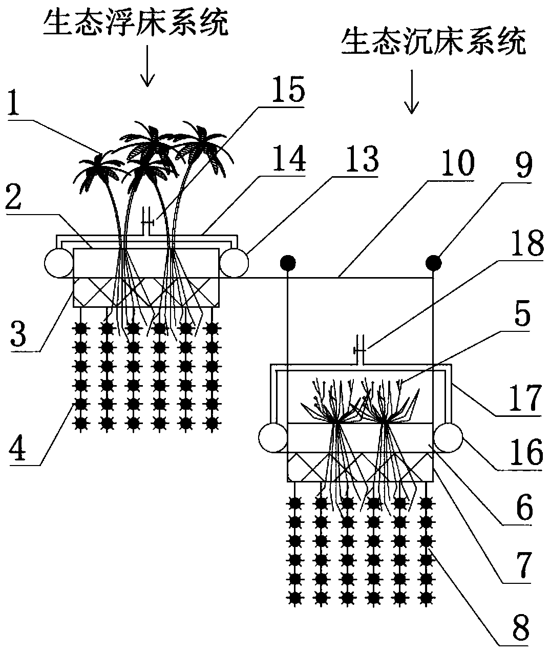 A three-dimensional floating bed-sinking bed combined river water purification device