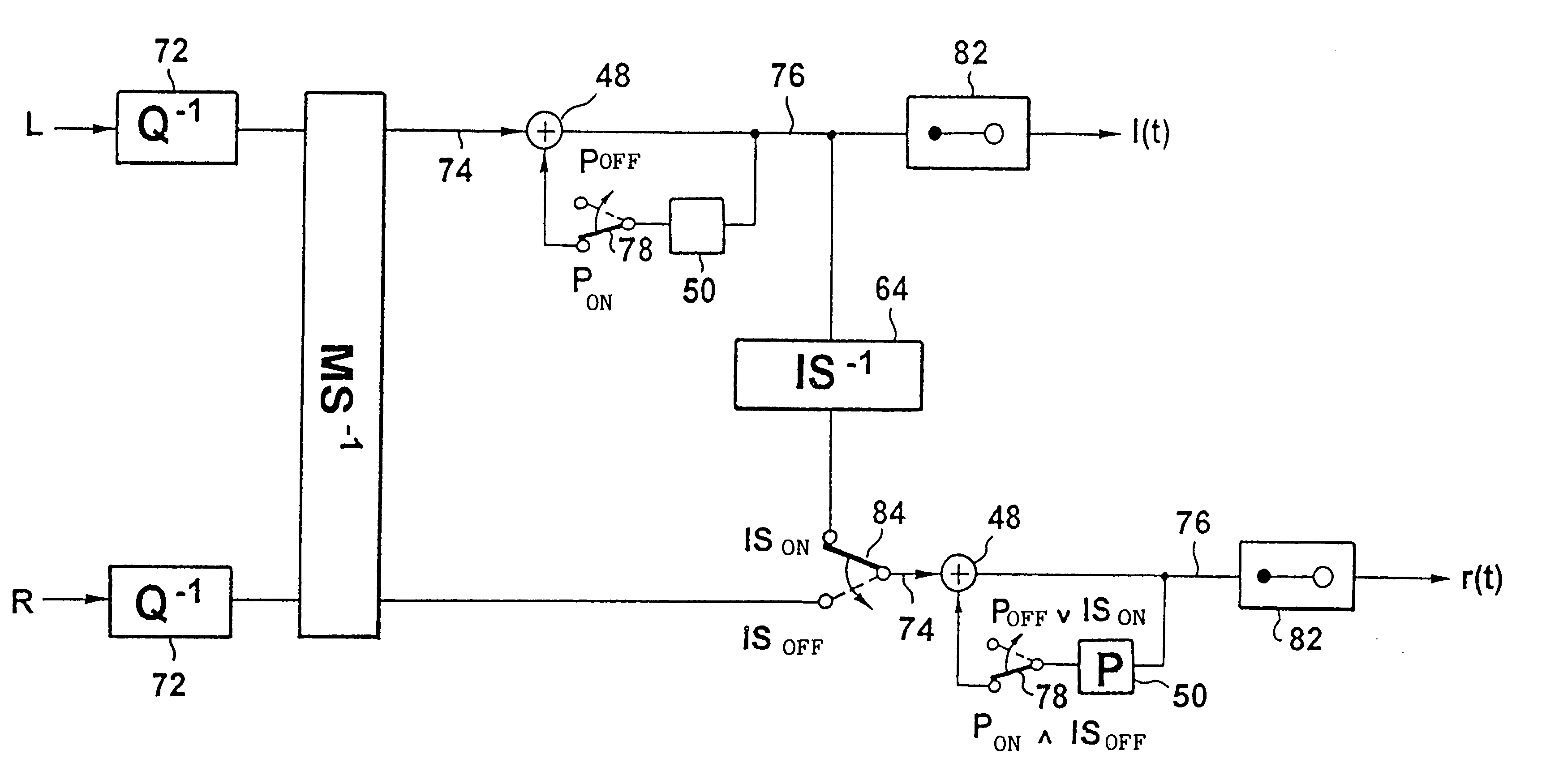 Coding and decoding of audio signals by using intensity stereo and prediction processes