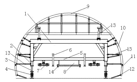 Steel form jumbo with main structure capable of passing conventional sections, and implementation method thereof
