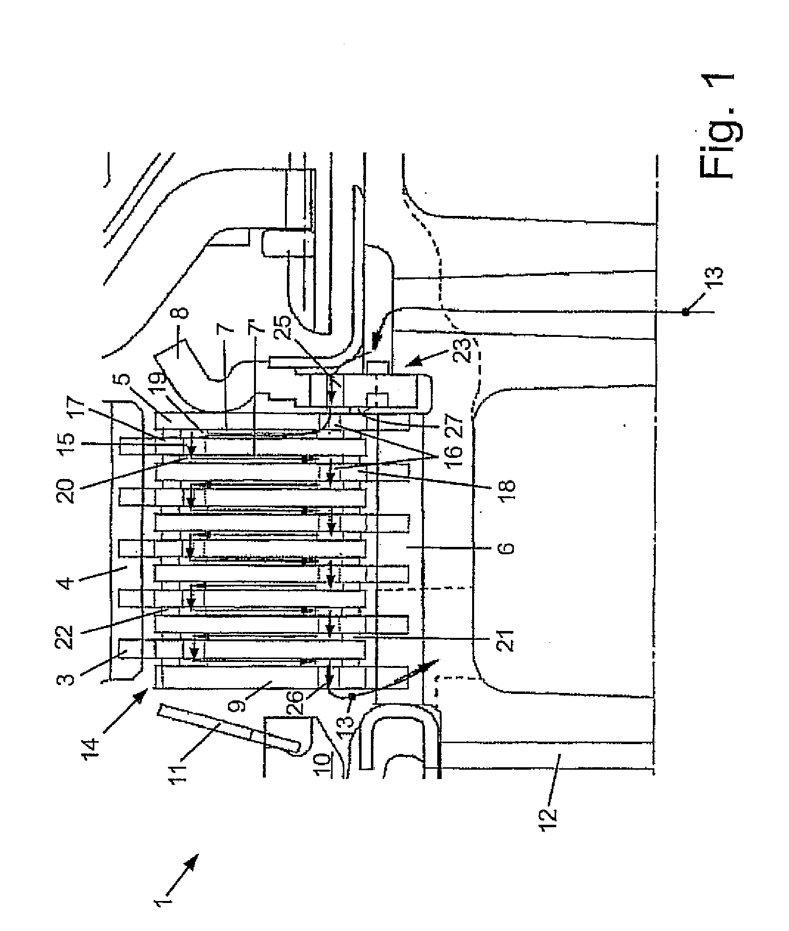 Multi-disk clutch or multi-disk brake with axial oil flow