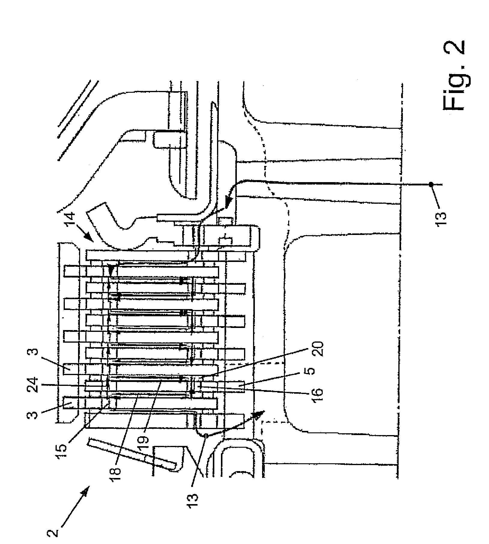 Multi-disk clutch or multi-disk brake with axial oil flow