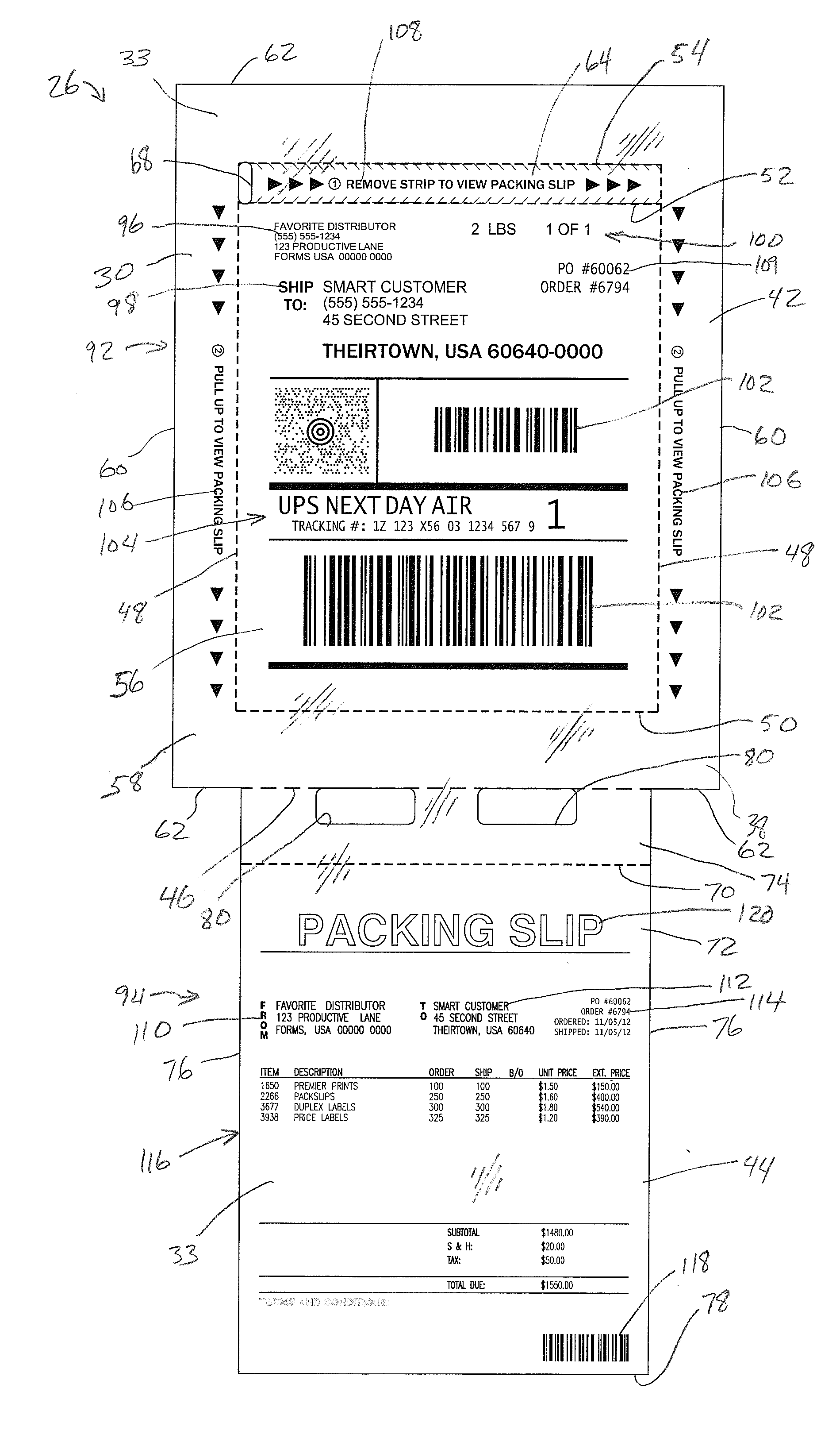 Linerless packing and shipping label system with folded under packing list