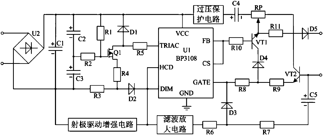 Filtering amplification-type overvoltage protection circuit-based LED dimming driving system
