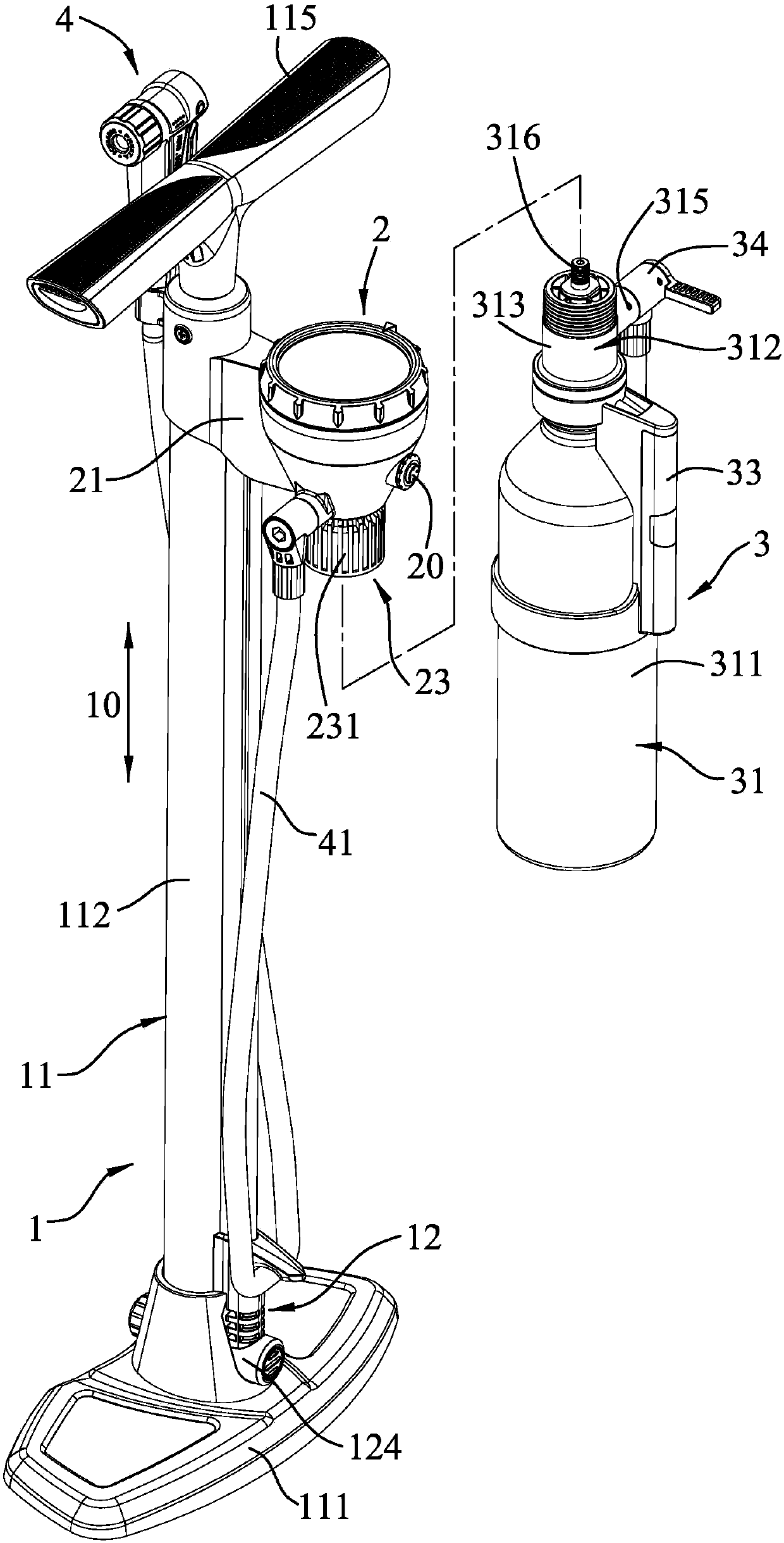 Inflating device with air storage tube