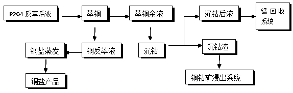 Method for separating and recovering cobalt and copper from P204 reverse extraction liquid in cobalt and copper mine wet method smelting process