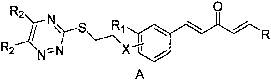 Pentadienone compound containing triazine, and preparation method and application of pentadienone compound
