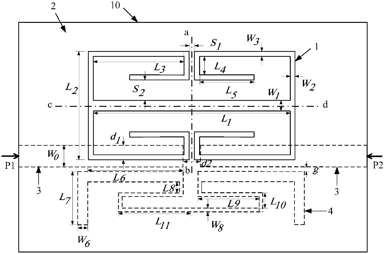 Three-pass band filter based on four-mode defective ground resonator