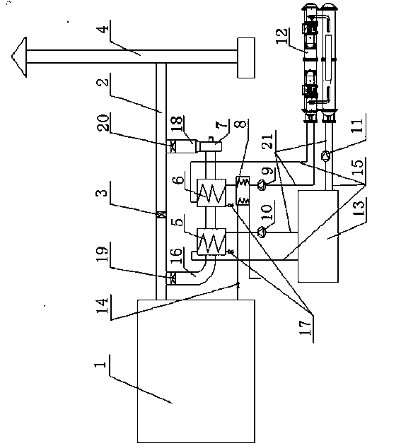 Boiler flue gas pollution discharge and waste heat recovery heat pump heating system and application method thereof
