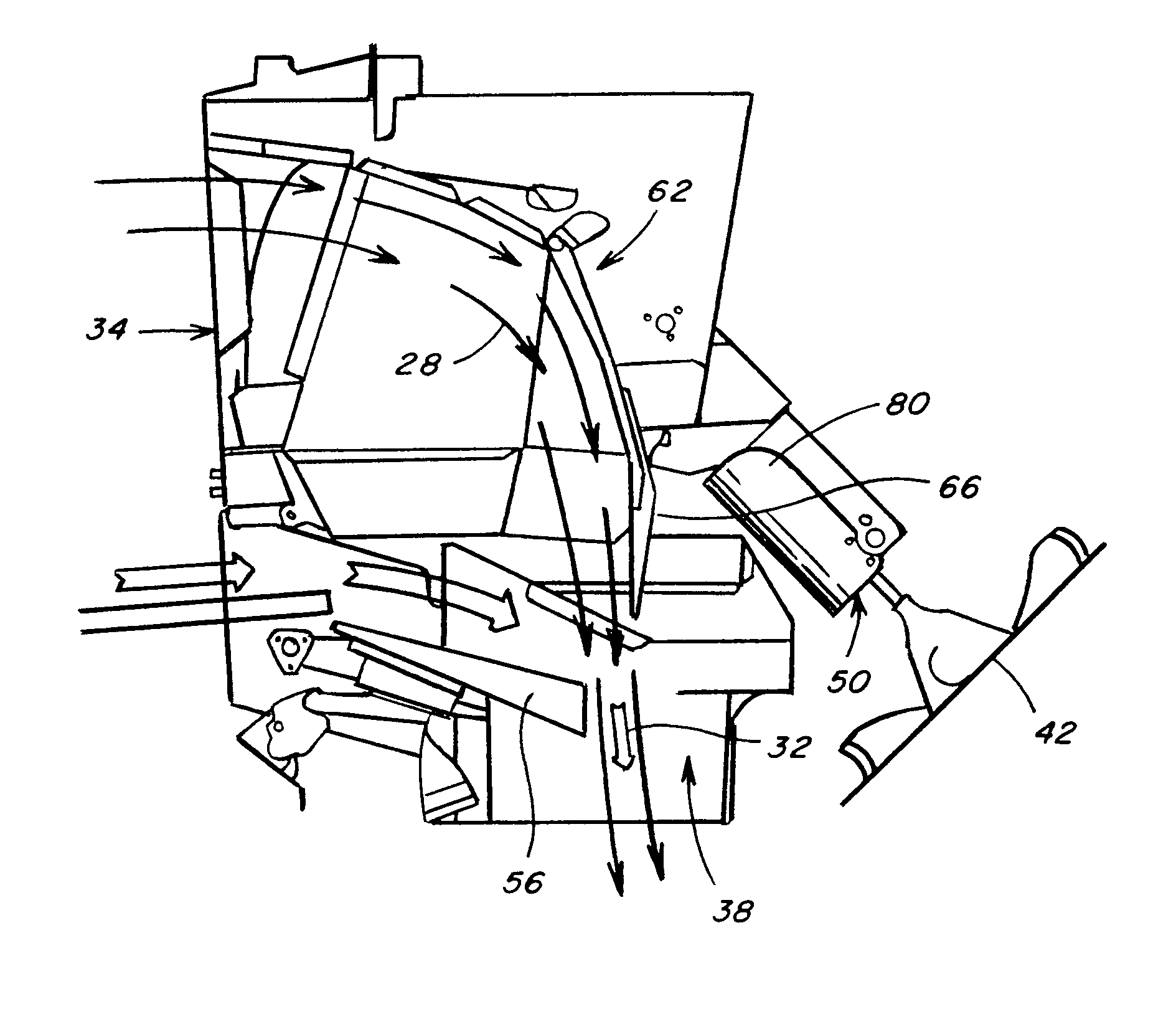 Crop residue distribution apparatus and system with cooperatively movable deflector door and spreader assembly
