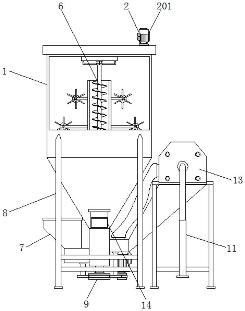 Raw material mixing device for feed production and mixing method thereof