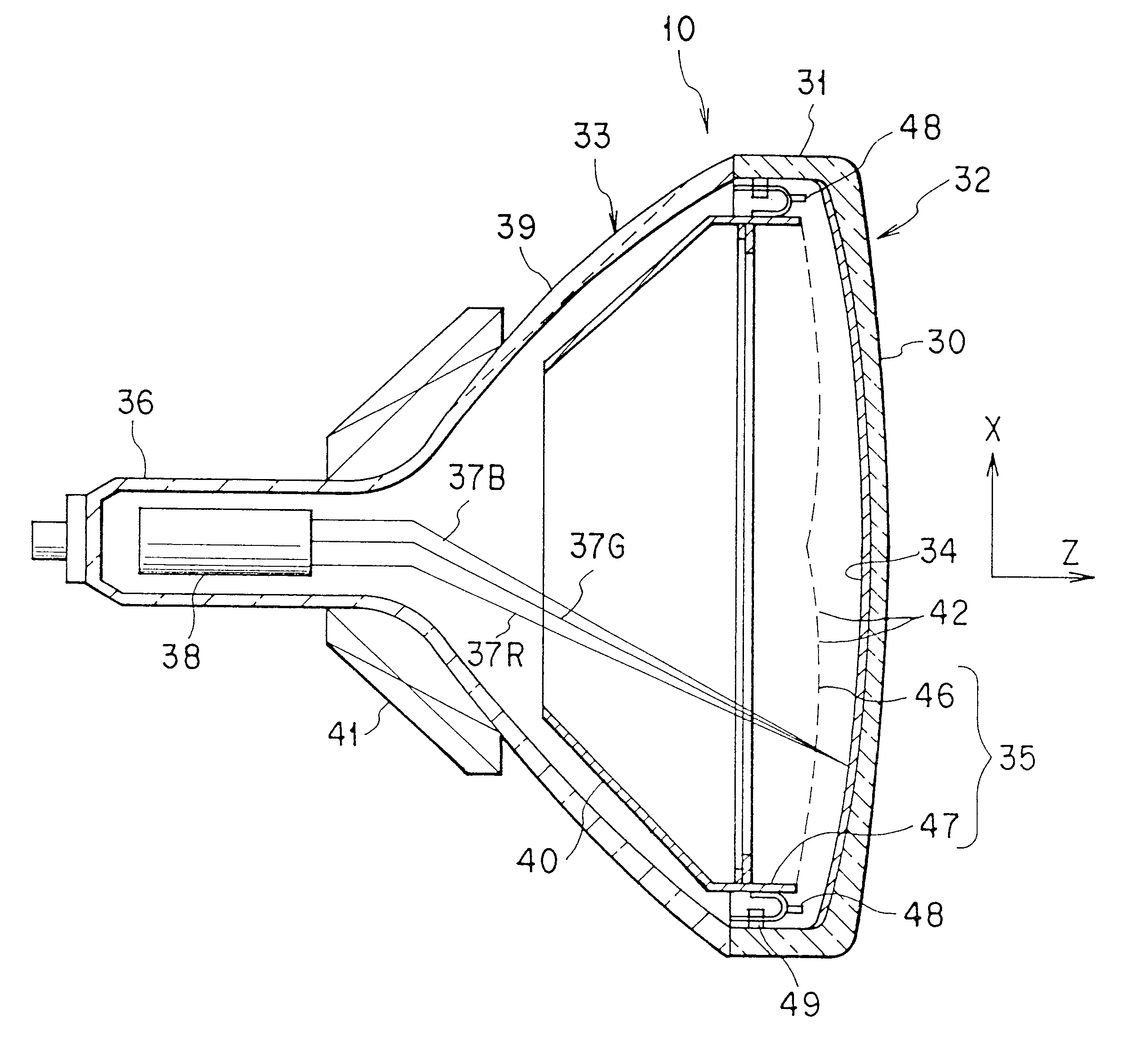 Color cathode ray tube with curved shadow mask having central recessed portions