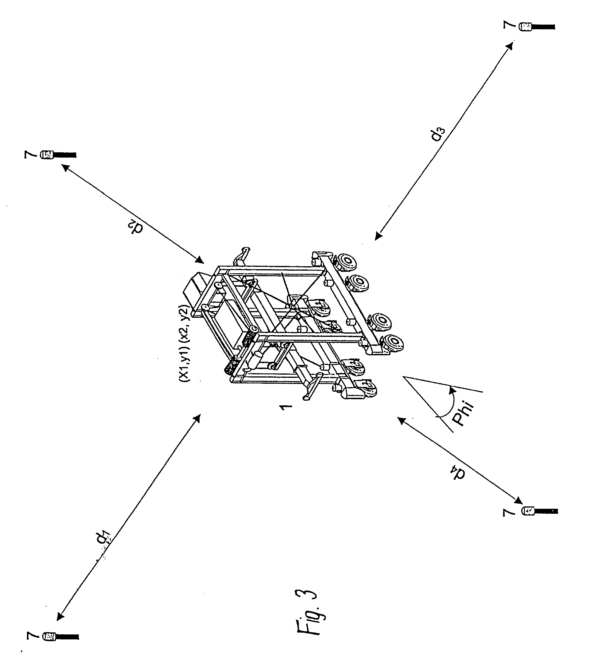 Fully automatic straddle carrier with local radio detection and laser steering