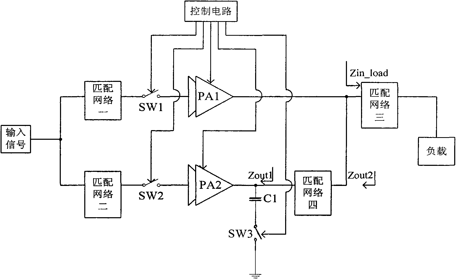 High and low power combination circuit of radio frequency power amplifier