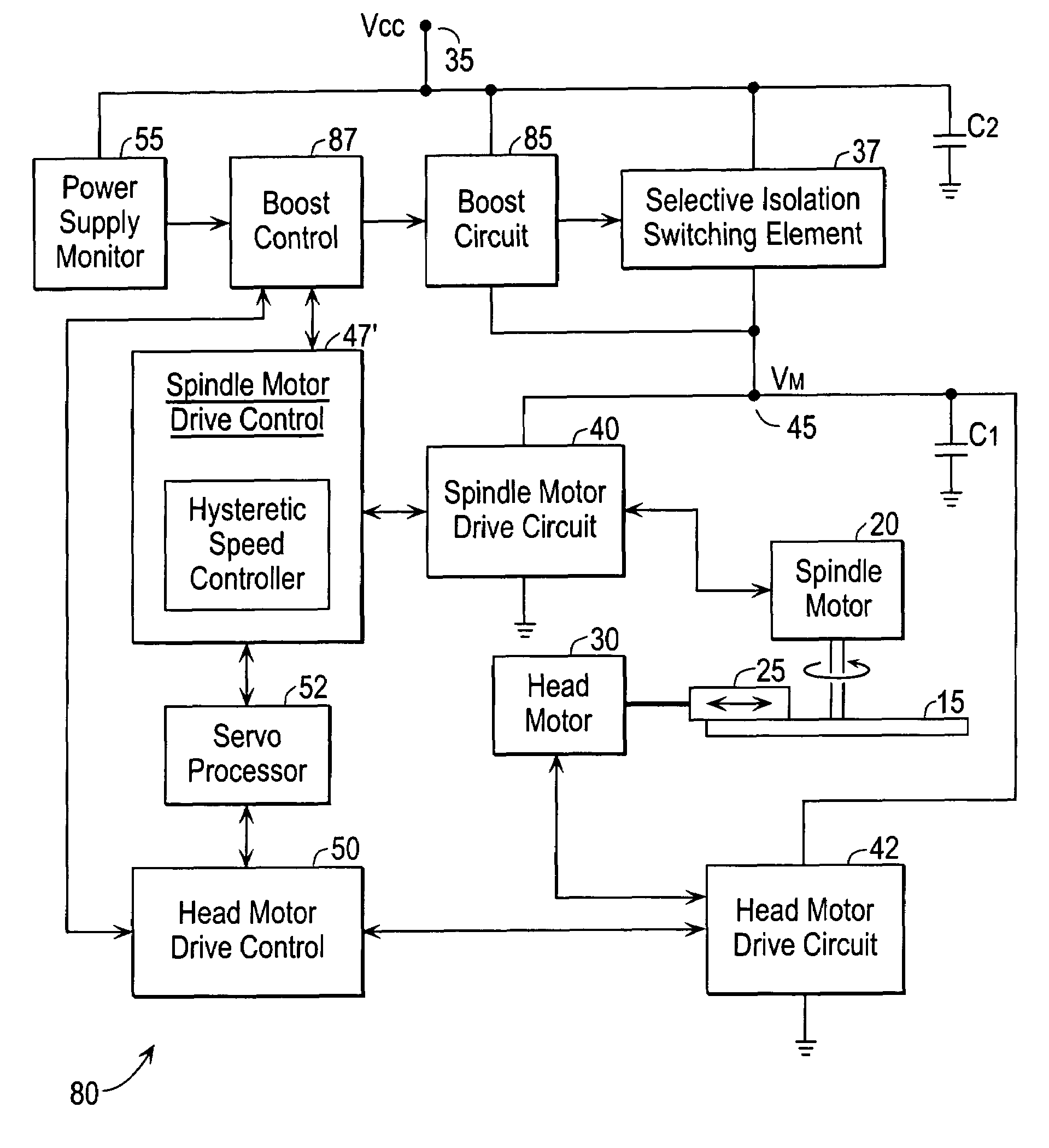Motor drive circuitry with regenerative braking for disk drive