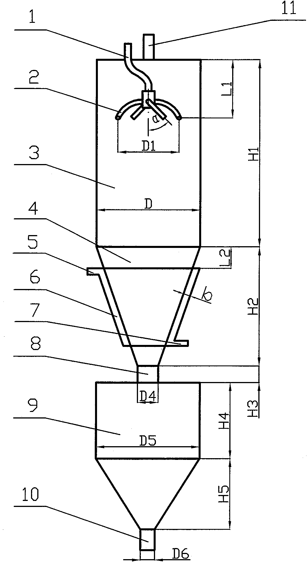 Spraying and granulating separation column with jacket cooling system on taper section