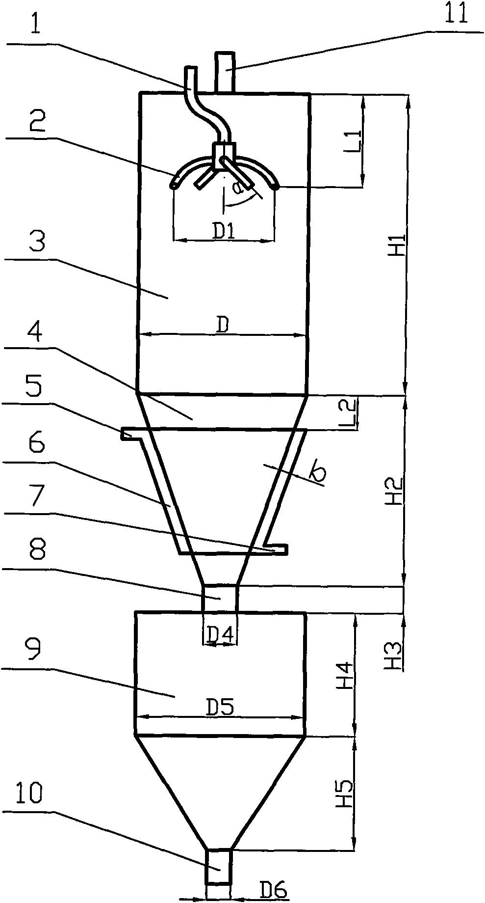 Spraying and granulating separation column with jacket cooling system on taper section