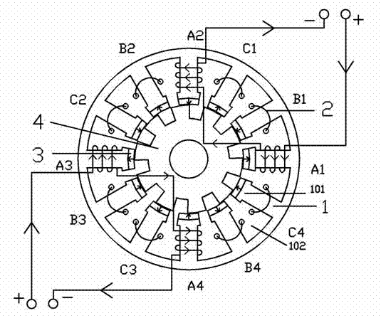 Stator surface-mounted doubly salient permanent-magnet motor with complementary winding magnetic paths